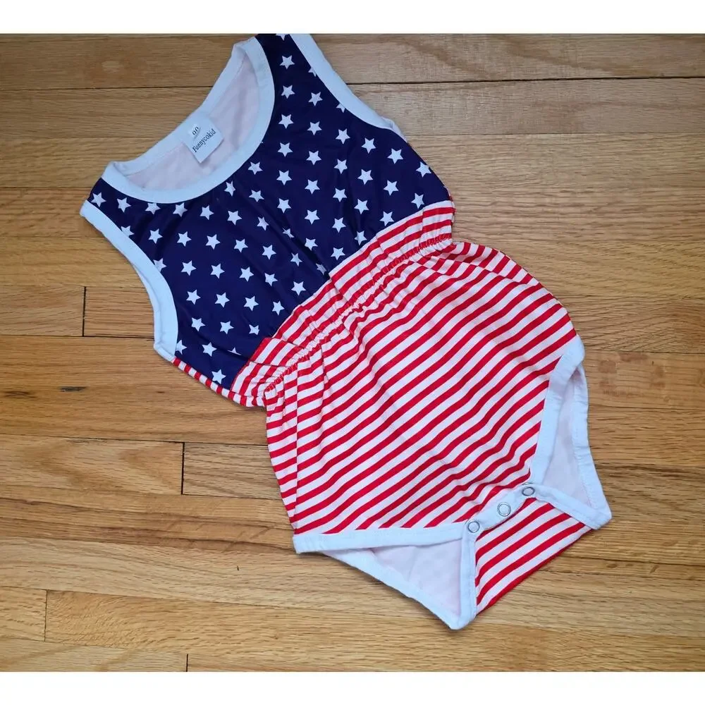 Funnycokid stars and stripes 4th of July cinched waist bodysuit sz 90 US 12-18mo